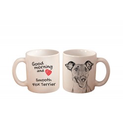 Fox terrier de pelo liso - una taza con un perro. "Good morning and love...". Alta calidad taza de cerámica.