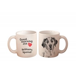 Brittany spaniel - a mug with a dog. "Good morning and love ...". High quality ceramic mug.