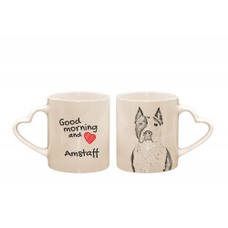Amstaff - kubek serce z wizerunkiem psa i napisem "Good morning and love...". Wysokiej jakości kubek ceramiczny.