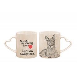 Owczarek niemiecki - kubek serce z wizerunkiem psa i napisem "Good morning and love...". Wysokiej jakości kubek ceramiczny.