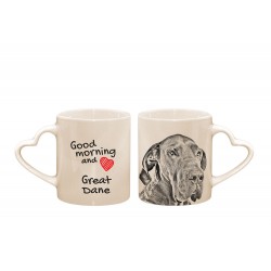 Dog niemiecki - kubek serce z wizerunkiem psa i napisem "Good morning and love...". Wysokiej jakości kubek ceramiczny.