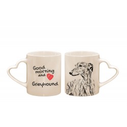 Greyhound - una tazza corazón con un cane. "Good morning and love ...". Di alta qualità tazza di ceramica.