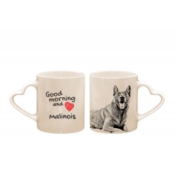 Malinois - kubek serce z wizerunkiem psa i napisem "Good morning and love...". Wysokiej jakości kubek ceramiczny.