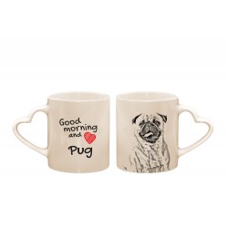 Mops - kubek serce z wizerunkiem psa i napisem "Good morning and love...". Wysokiej jakości kubek ceramiczny.