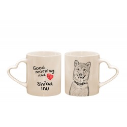 Shiba Inu - kubek serce z wizerunkiem psa i napisem "Good morning and love...". Wysokiej jakości kubek ceramiczny.