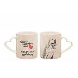Buldog amerykański - kubek serce z wizerunkiem psa i napisem "Good morning and love...". Wysokiej jakości kubek ceramiczny.