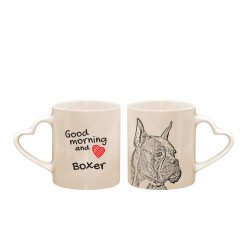 Boxer cropped - a heart mug with a dog. "Good morning and love ...". High quality ceramic mug.