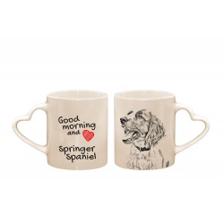 Springer spaniel angielski - kubek serce z wizerunkiem psa i napisem "Good morning and love.". Wysokiej jakości kubek ceramiczny