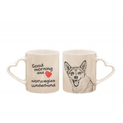 Norsk Lundehund - kubek serce z wizerunkiem psa i napisem "Good morning and love...". Wysokiej jakości kubek ceramiczny