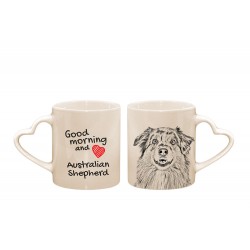 Owczarek australijski - kubek serce z wizerunkiem psa i napisem "Good morning and love...". Wysokiej jakości kubek ceramiczny