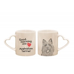 Terier australijski - kubek serce z wizerunkiem psa i napisem "Good morning and love...". Wysokiej jakości kubek ceramiczny