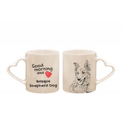 Owczarek baskijski - kubek serce z wizerunkiem psa i napisem "Good morning and love...". Wysokiej jakości kubek ceramiczny