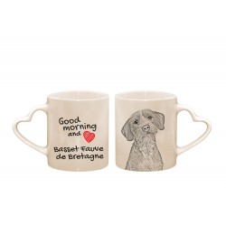 Basset bretoński - kubek serce z wizerunkiem psa i napisem "Good morning and love...". Wysokiej jakości kubek ceramiczny
