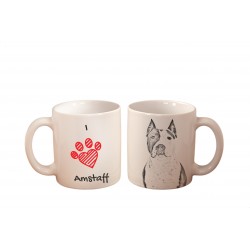 Amerykański staffordshire terier - kubek z wizerunkiem psa i napisem "I love...". Wysokiej jakości kubek ceramiczny.