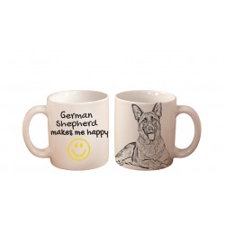 Owczarek niemiecki - kubek z wizerunkiem psa i napisem "... makes me happy". Wysokiej jakości kubek ceramiczny.