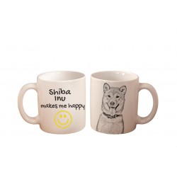 Shiba Inu - kubek z wizerunkiem psa i napisem "... makes me happy". Wysokiej jakości kubek ceramiczny.