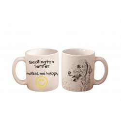 Bedlington Terrier - kubek z wizerunkiem psa i napisem "... makes me happy". Wysokiej jakości kubek ceramiczny.