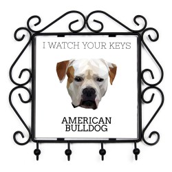Schlüsselaufhänger mit American Bulldog, I watch your keys. Neue Kollektion mit geometrischem Hund