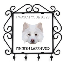 Schlüsselaufhänger mit Finnischer Lapphund, I watch your keys. Neue Kollektion mit geometrischem Hund