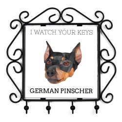 Schlüsselaufhänger mit Deutscher Pinscher, I watch your keys. Neue Kollektion mit geometrischem Hund