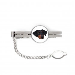 A tie tack with Dobermann uncropped dog. Men’s jewelry. A new collection with the geometric dog