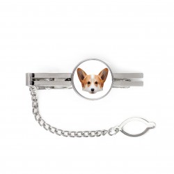 A tie tack with Welsh corgi cardigan dog. Men’s jewelry. A new collection with the geometric dog