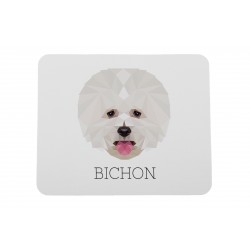 Un mouse pad con un cane Bichon à poil frisé. Una nuova collezione con il cane geometrico