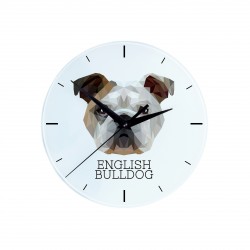 Une horloge avec un chien Bouledogue Anglais. Une nouvelle collection avec le chien géométrique