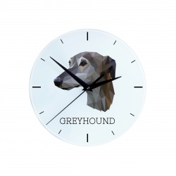 Hanging glass clock with an image of a dog. 