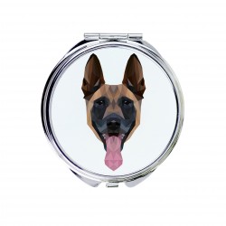 Un espejo de bolsillo con un perro Ovejero belga. Una nueva colección con el perro geométrico