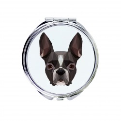 Un miroir de poche avec un chien Terrier de Boston. Une nouvelle collection avec le chien géométrique