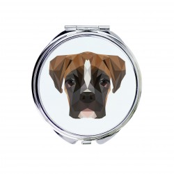 Un espejo de bolsillo con un perro Bóxer alemán. Una nueva colección con el perro geométrico