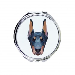 Un espejo de bolsillo con un perro Dobermann. Una nueva colección con el perro geométrico