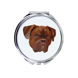 Uno specchio tascabile con un cane Dogue de Bordeaux. Una nuova collezione con il cane geometrico