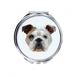 Un espejo de bolsillo con un perro Bulldog inglés. Una nueva colección con el perro geométrico