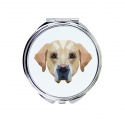 Un espejo de bolsillo con un perro Cobrador de Labrador. Una nueva colección con el perro geométrico