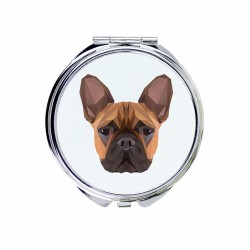 Uno specchio tascabile con un cane Bouledogue français. Una nuova collezione con il cane geometrico
