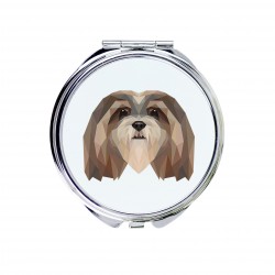 Un espejo de bolsillo con un perro Lhasa Apso. Una nueva colección con el perro geométrico