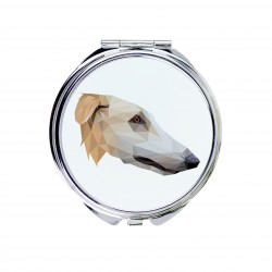 Uno specchio tascabile con un cane Borzoi. Una nuova collezione con il cane geometrico