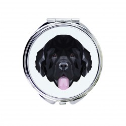 Un espejo de bolsillo con un perro Terranova. Una nueva colección con el perro geométrico
