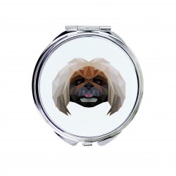 Uno specchio tascabile con un cane Pechinese. Una nuova collezione con il cane geometrico