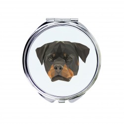 Un espejo de bolsillo con un perro Rottweiler. Una nueva colección con el perro geométrico