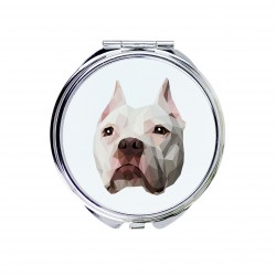 Un espejo de bolsillo con un perro Pit bull terrier americano. Una nueva colección con el perro geométrico