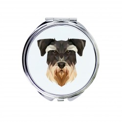 Uno specchio tascabile con un cane Schnauzer. Una nuova collezione con il cane geometrico
