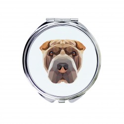 Un espejo de bolsillo con un perro Shar Pei. Una nueva colección con el perro geométrico