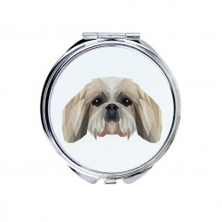 Un espejo de bolsillo con un perro Shih Tzu. Una nueva colección con el perro geométrico