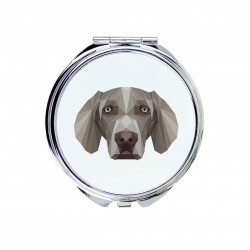 Uno specchio tascabile con un cane Weimaraner. Una nuova collezione con il cane geometrico