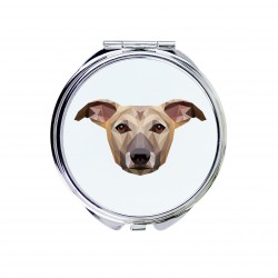 Uno specchio tascabile con un cane Whippet. Una nuova collezione con il cane geometrico