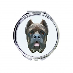 Uno specchio tascabile con un cane Cane corso italiano. Una nuova collezione con il cane geometrico
