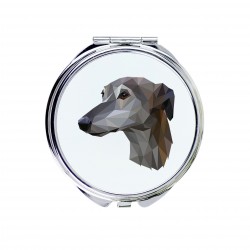 Uno specchio tascabile con un cane Greyhound. Una nuova collezione con il cane geometrico